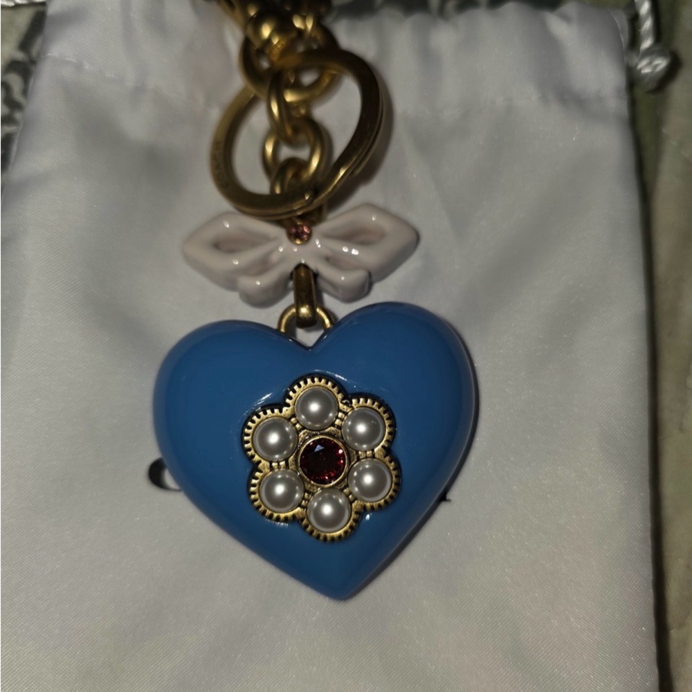Coach Blue Heart Keychain with Gold Accents